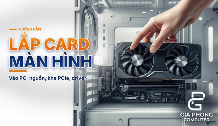 Cách lắp card màn hình vào PC: tay đưa card vào khe PCIe trên main