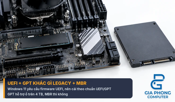 Mainboard có SSD M.2 và SSD SATA minh họa chuẩn UEFI GPT khi cài win bằng USB