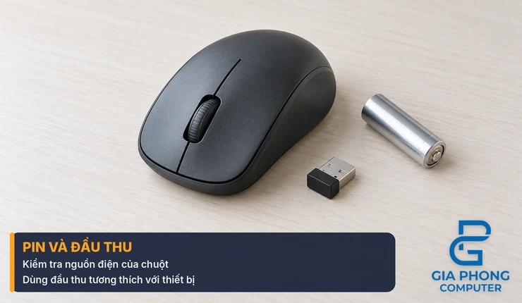 Chuột không dây và đầu thu USB trên bàn làm việc