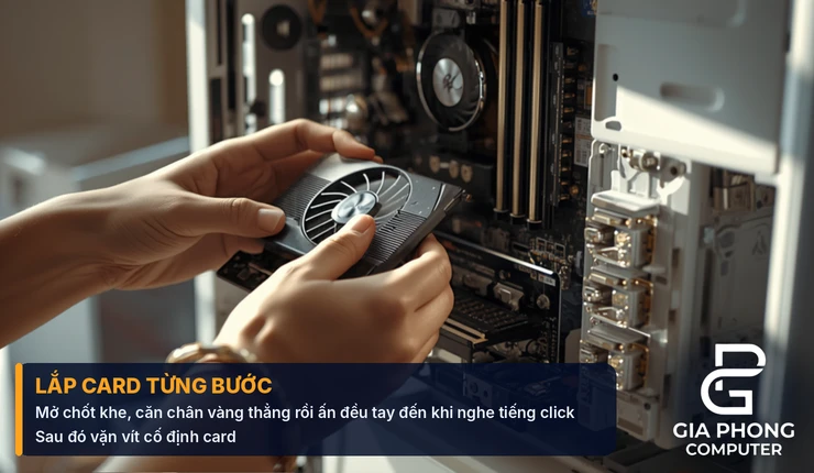 Hai tay đưa card màn hình vào khe PCIe trên mainboard