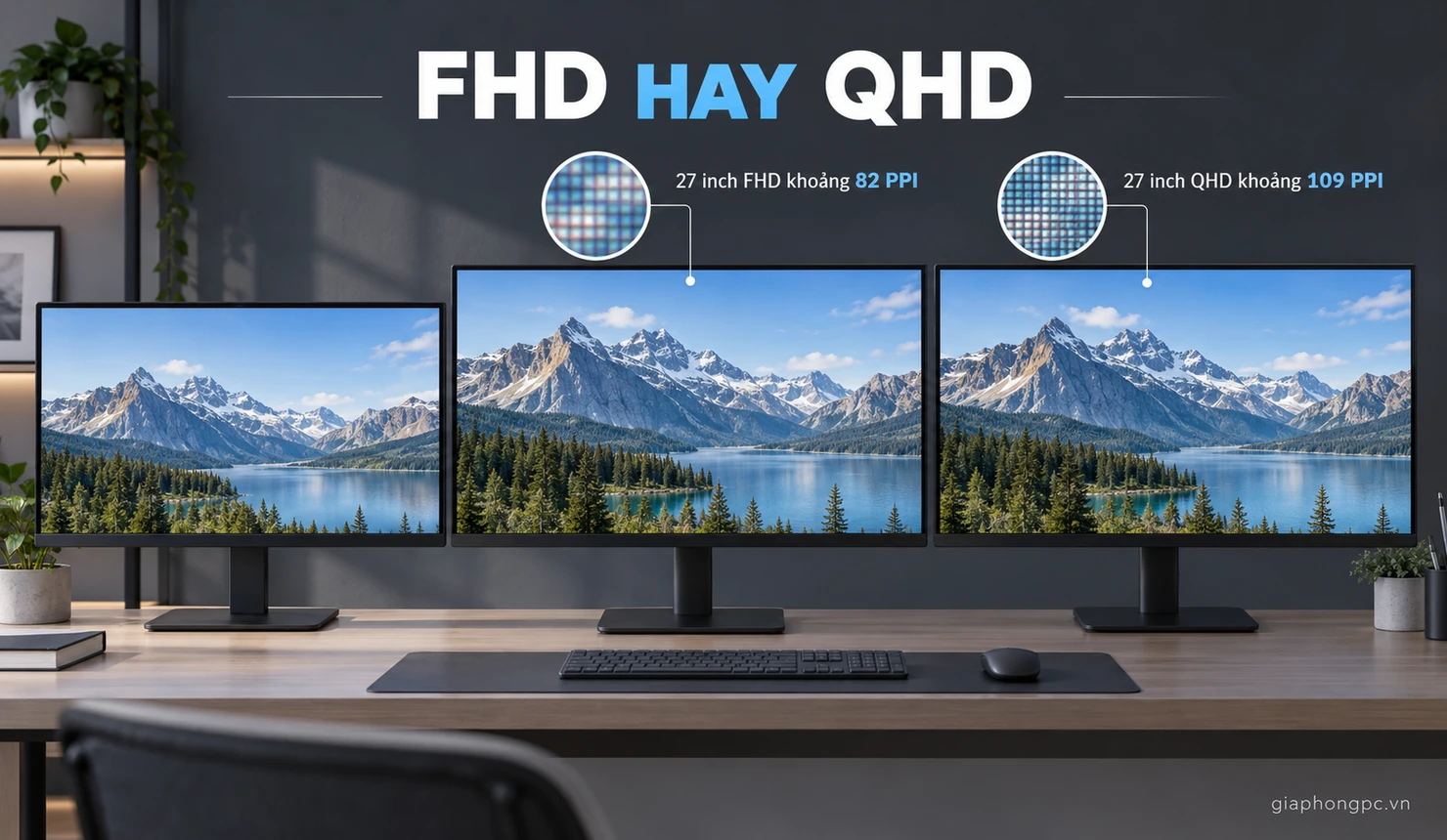 Bảng so sánh màn 24 inch Full HD và 27 inch Full HD QHD