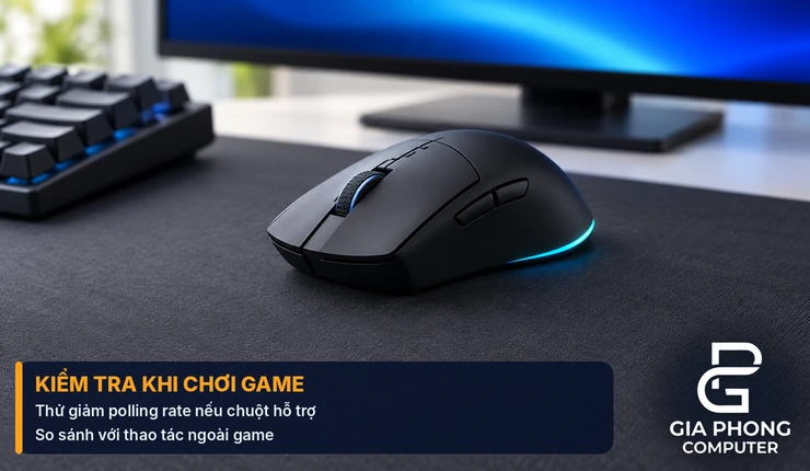 Chuột gaming trên bàn máy tính để kiểm tra hiện tượng lag