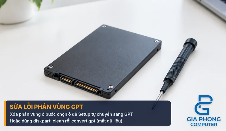 SSD và tua vít minh họa sửa lỗi phân vùng GPT khi cài win
