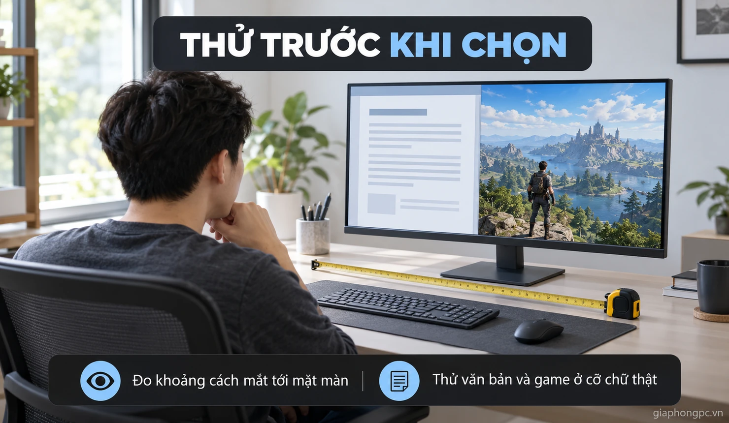 Thử khoảng cách ngồi và chữ trên màn 24 hoặc 27 inch trước khi mua