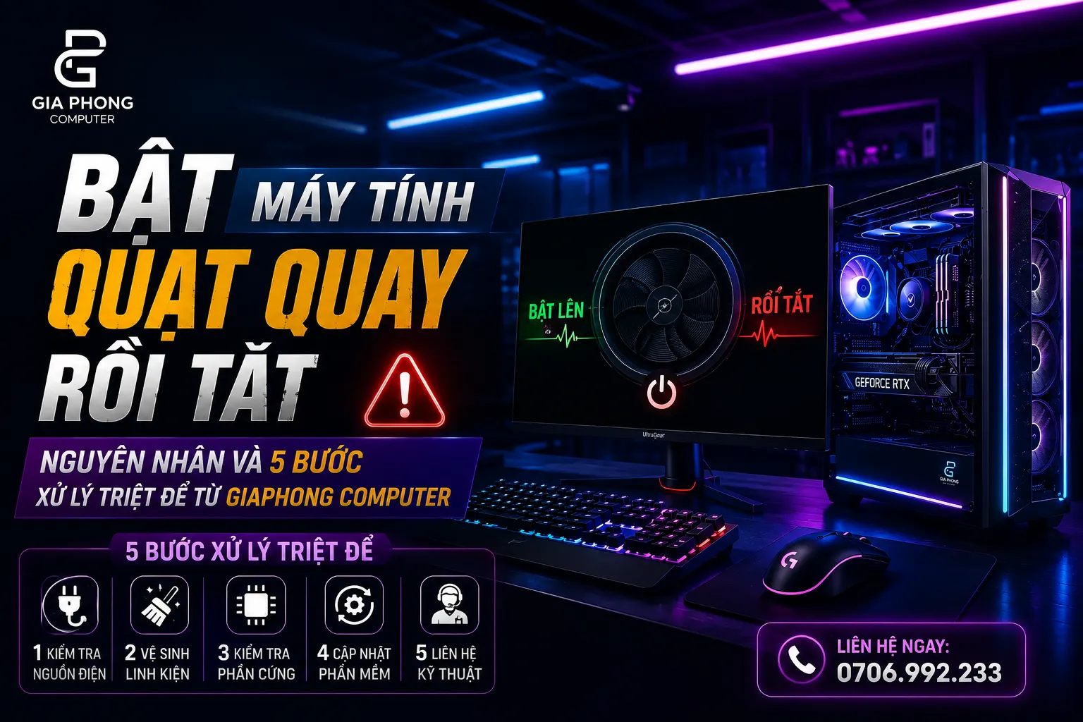 Bật Máy Tính Quạt Quay Rồi Tắt: Nguyên Nhân Và 5 Bước Xử Lý Triệt Để Từ GiaPhong Computer