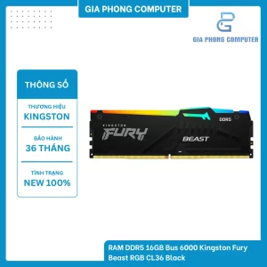 RAM DDR5 16GB Bus 6000 Kingston Fury Beast RGB CL36 Black