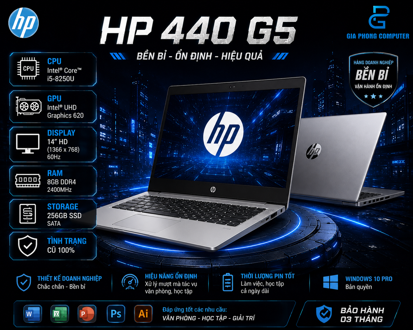 Laptop HP 440 G5 Cũ 100% - i5-8250U / 8GB / 256GB / 14inch 60Hz
