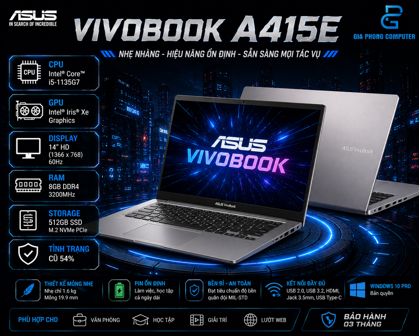 Laptop Asus VivoBook A415E Cũ 54% - i5-1135G7 / 8GB / 512GB / 14inch 60Hz