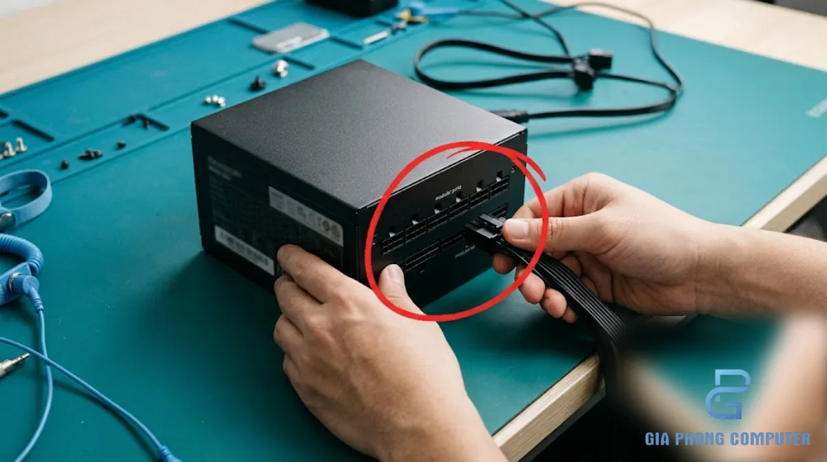 Kỹ thuật viên kiểm tra bộ nguồn máy tính trước khi lắp vào hệ thống PC