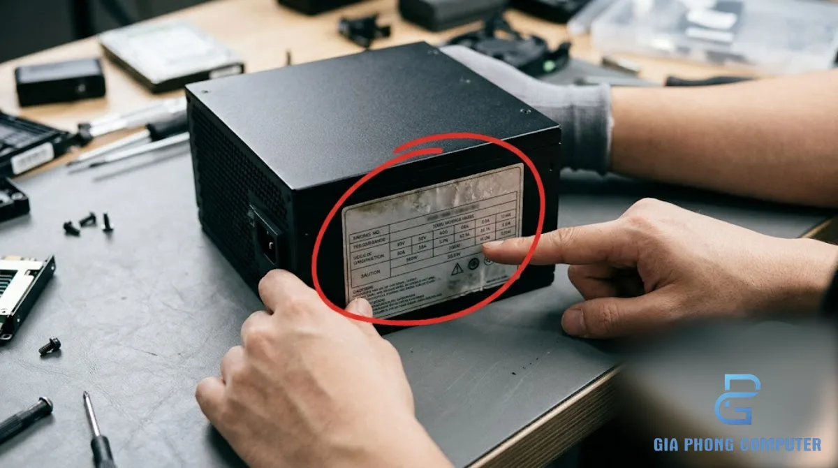 Bộ nguồn máy tính đặt cạnh các linh kiện PC trên bàn kỹ thuật