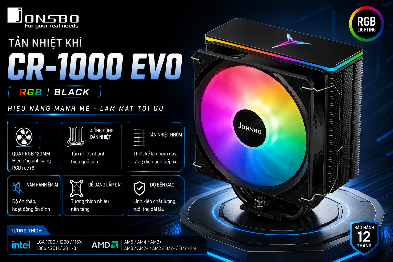 Tản nhiệt khí Jonsbo CR-1000 EVO | RGB, Đen