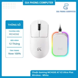 Chuột Gaming MCHOSE A7 V2 Ultra Plus Wireless - White – PAW 3950 TI, 8KHz Wired & Wireless, Tri-mode tại GiaPhong Computer