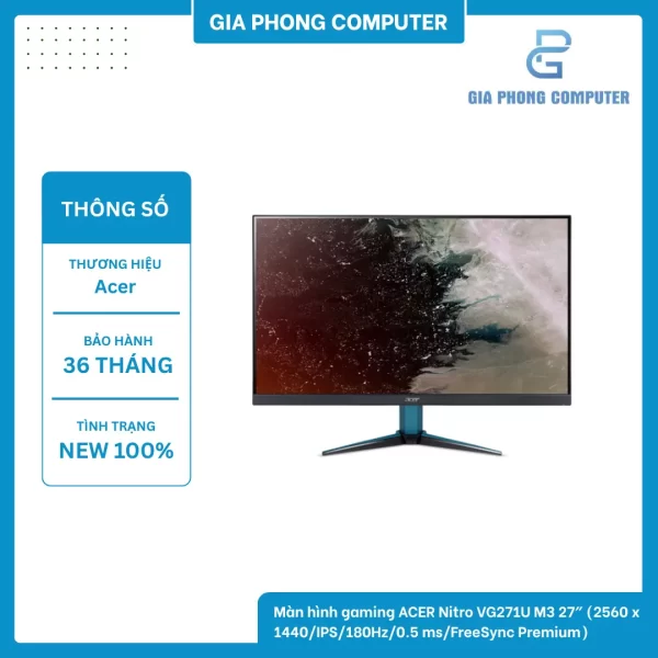 Màn hình gaming ACER Nitro VG271U M3 27" (2560 x 1440/IPS/180Hz/0.5 ms/FreeSync Premium)