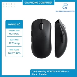 Chuột Gaming MCHOSE A5 V3 Ultra Black – PAW 3395, 8KHz Wired, 4KHz Wireless tại GiaPhong Computer