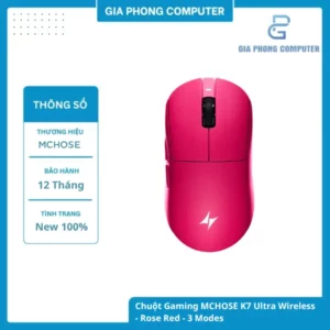 Chuột Gaming MCHOSE K7 Ultra Wireless Rose Red – PAW 3950, 8KHz Wired & Wireless, Tri-mode tại GiaPhong Computer