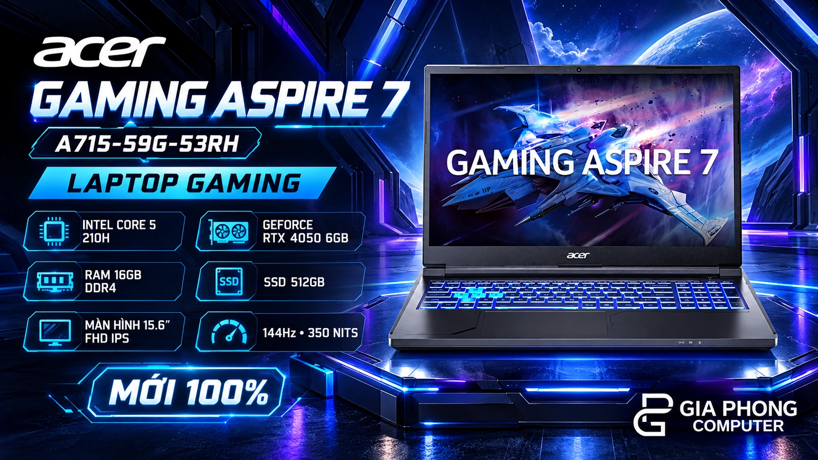 Laptop Gaming Acer Aspire 7 A715-59G-53RH Core 5 210H 16GB 512GB RTX 4050 6GB NEW