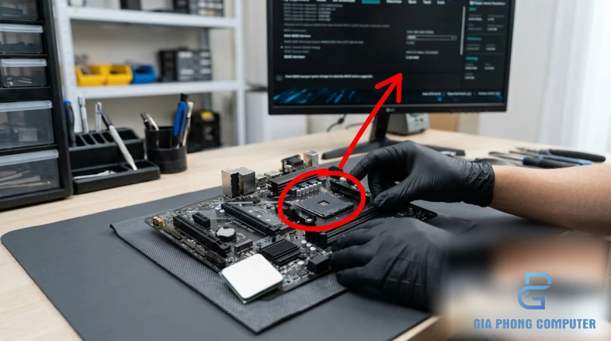 Kỹ thuật viên kiểm tra BIOS và CPU Ryzen 5000 trên main A520 trước khi nâng cấp