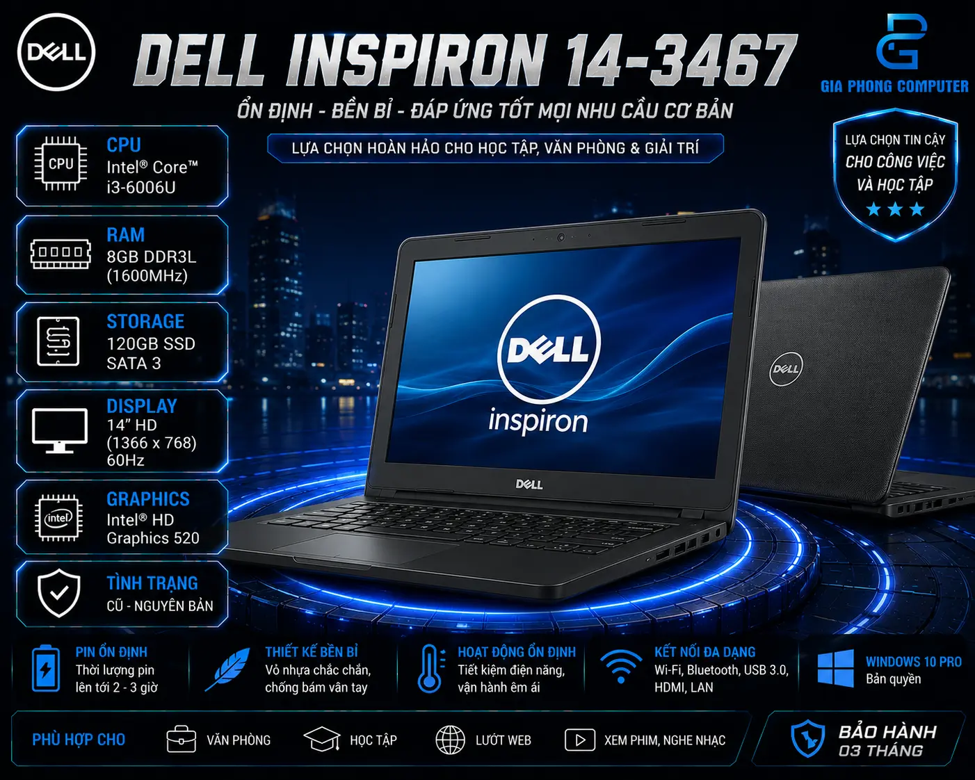 Laptop Dell Inspiron 14-3467 Cũ - i3-6006U / 8GB / 120GB / 14inch HD