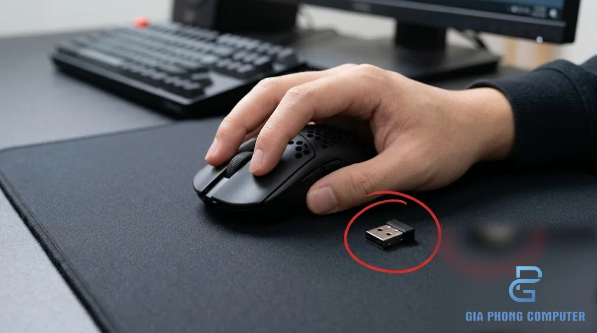 Chuột gaming ATK A9 SE màu tối đặt trên bàn di chuột với tay người dùng đang thao tác