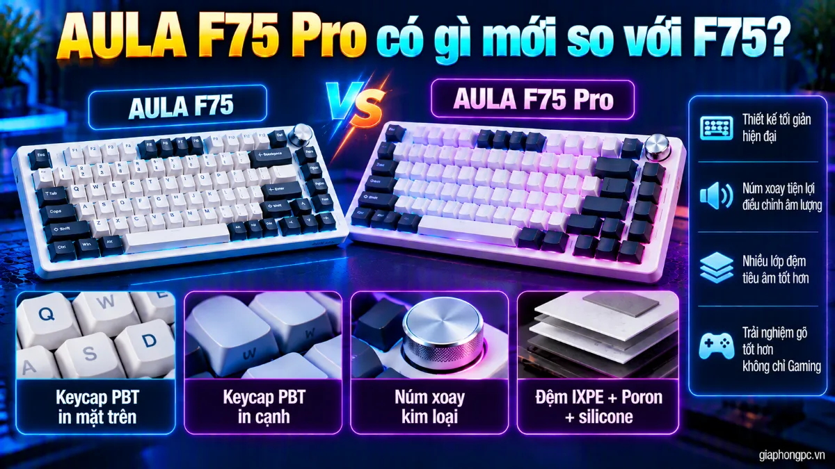 AULA F75 Pro có gì mới so với F75 về keycap núm xoay và đệm tiêu âm