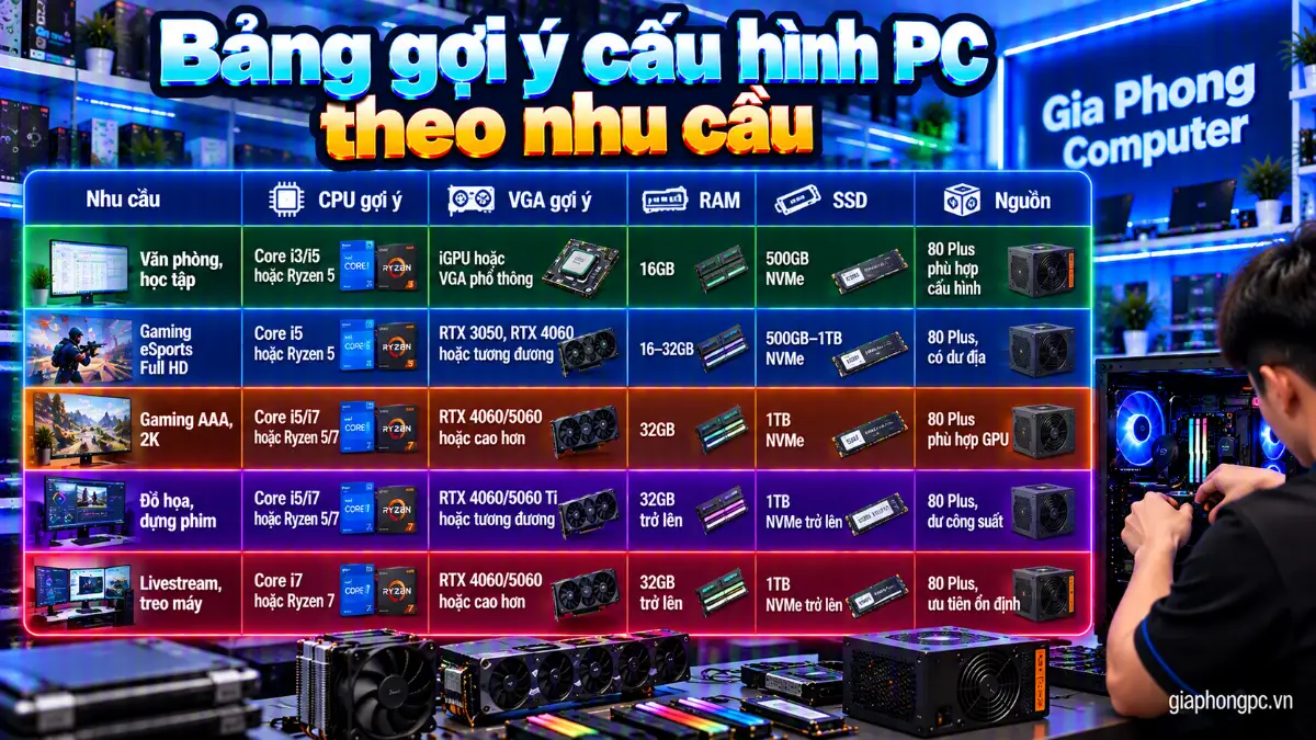 Bảng gợi ý cấu hình PC theo nhu cầu