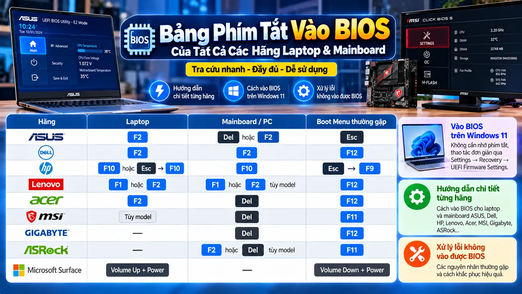 Bảng phím tắt vào BIOS của các hãng laptop và mainboard