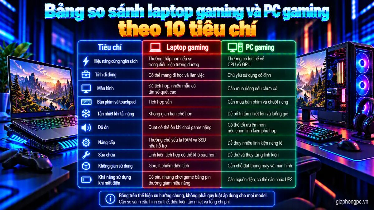 Bảng so sánh laptop gaming và PC gaming theo 10 tiêu chí về hiệu năng, tính di động, tản nhiệt, nâng cấp và chi phí
