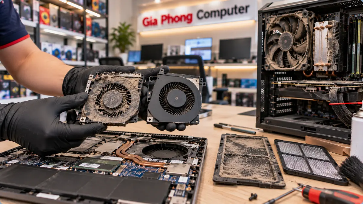 Kỹ thuật viên so sánh quạt tản nhiệt laptop bám bụi với quạt sạch tại Gia Phong Computer