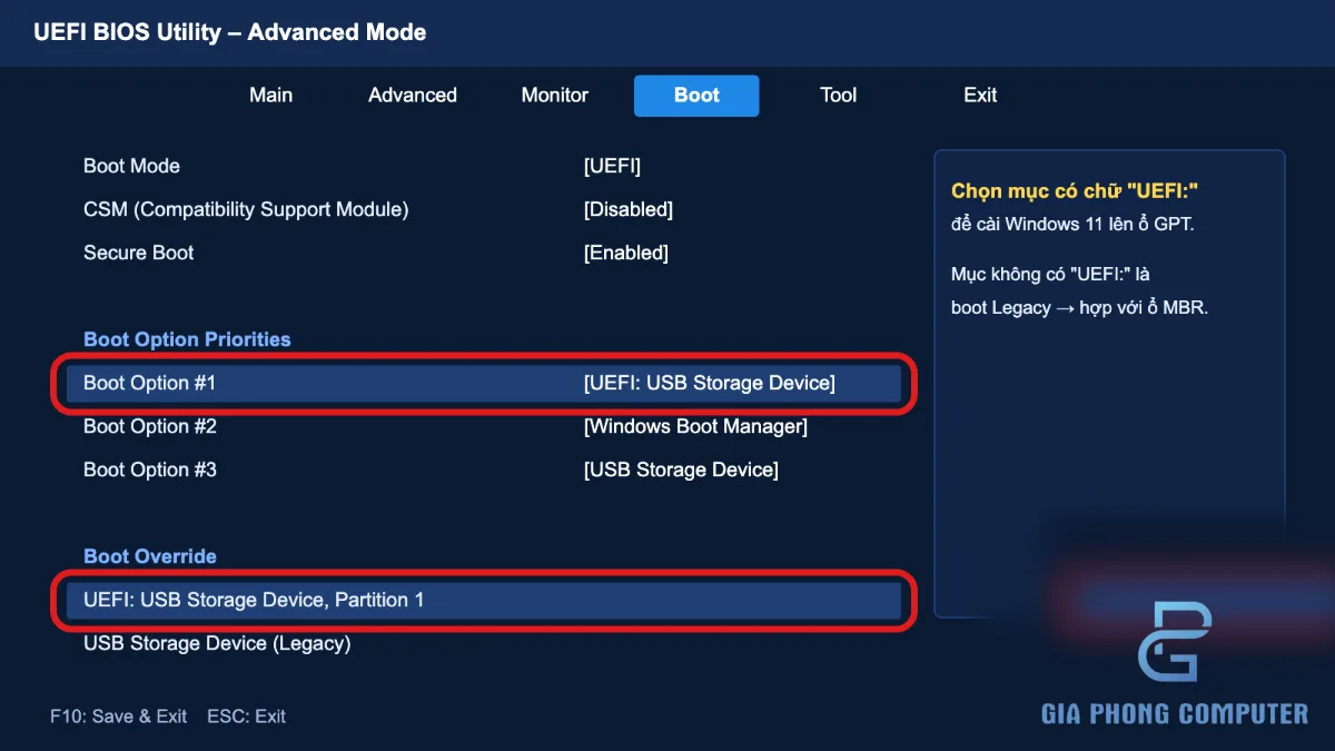 Giao diện BIOS UEFI minh họa lựa chọn USB boot ở chế độ UEFI