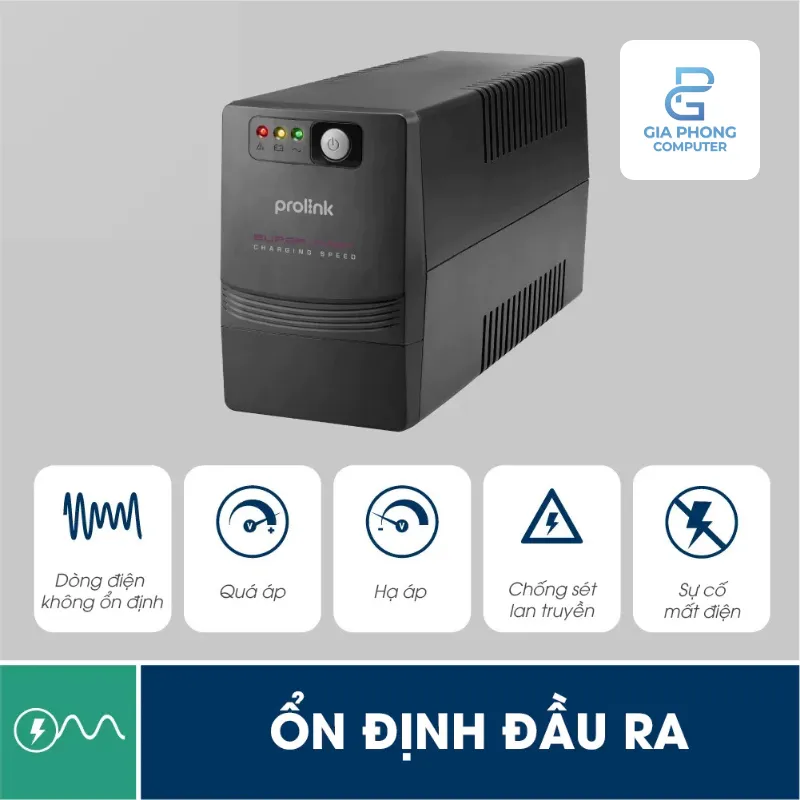Bộ lưu điện UPS PROLINK PRO1201SFC (1200VA) 600W, AVR, sạc siêu nhanh, dùng cho PC, Camera, Wifi