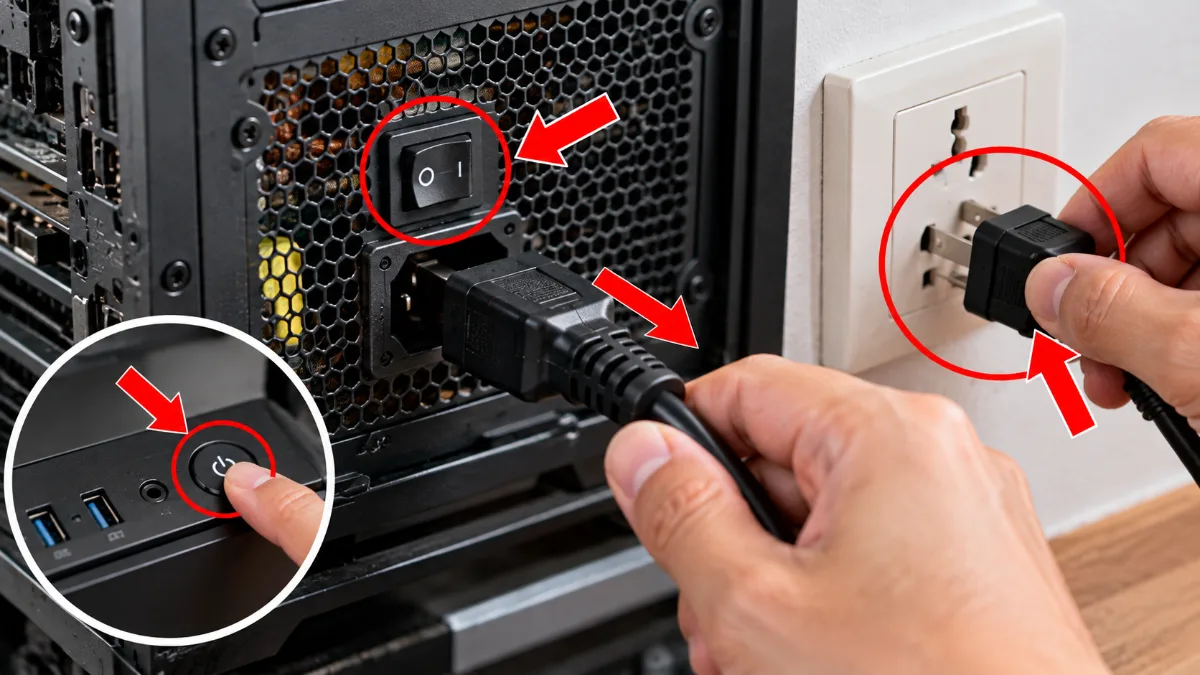 Bước 1: Tắt máy và ngắt toàn bộ nguồn điện – thay keo tản nhiệt VGA