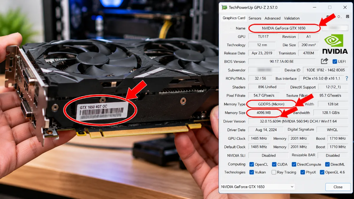 Kiểm tra mã model card màn hình GTX 1650 trên tem sản phẩm và đối chiếu tên GPU, dung lượng VRAM 4GB, loại bộ nhớ GDDR5 bằng phần mềm GPU-Z.