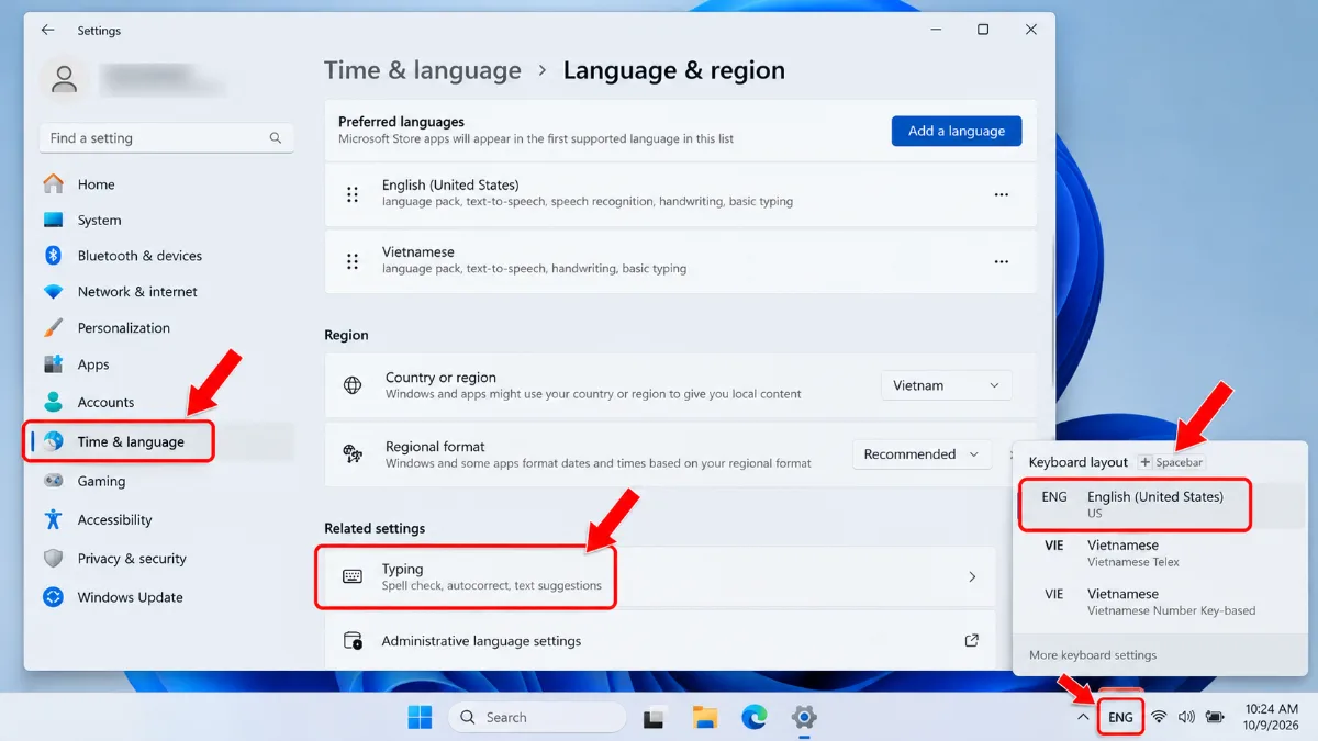 Bước 3: Kiểm tra bố cục bàn phím trong Windows – bàn phím laptop gõ ra số