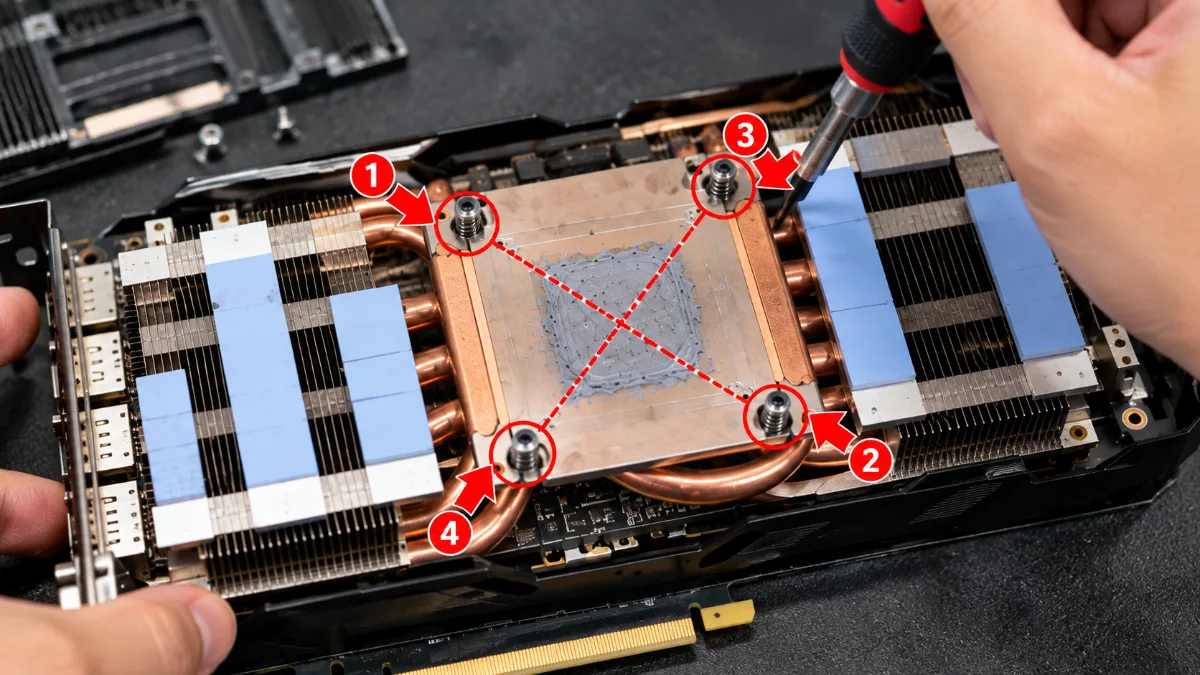 Bước 4: Tháo ốc lò xo quanh GPU theo hình chữ X – thay keo tản nhiệt VGA