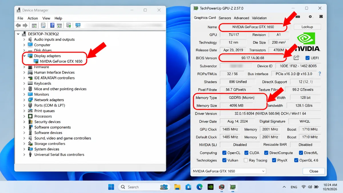 Kiểm tra card GTX 1650 cũ bằng Device Manager và GPU-Z trên Windows 11, đối chiếu tên GPU, phiên bản BIOS, bộ nhớ GDDR5 4GB và trạng thái nhận diện card.