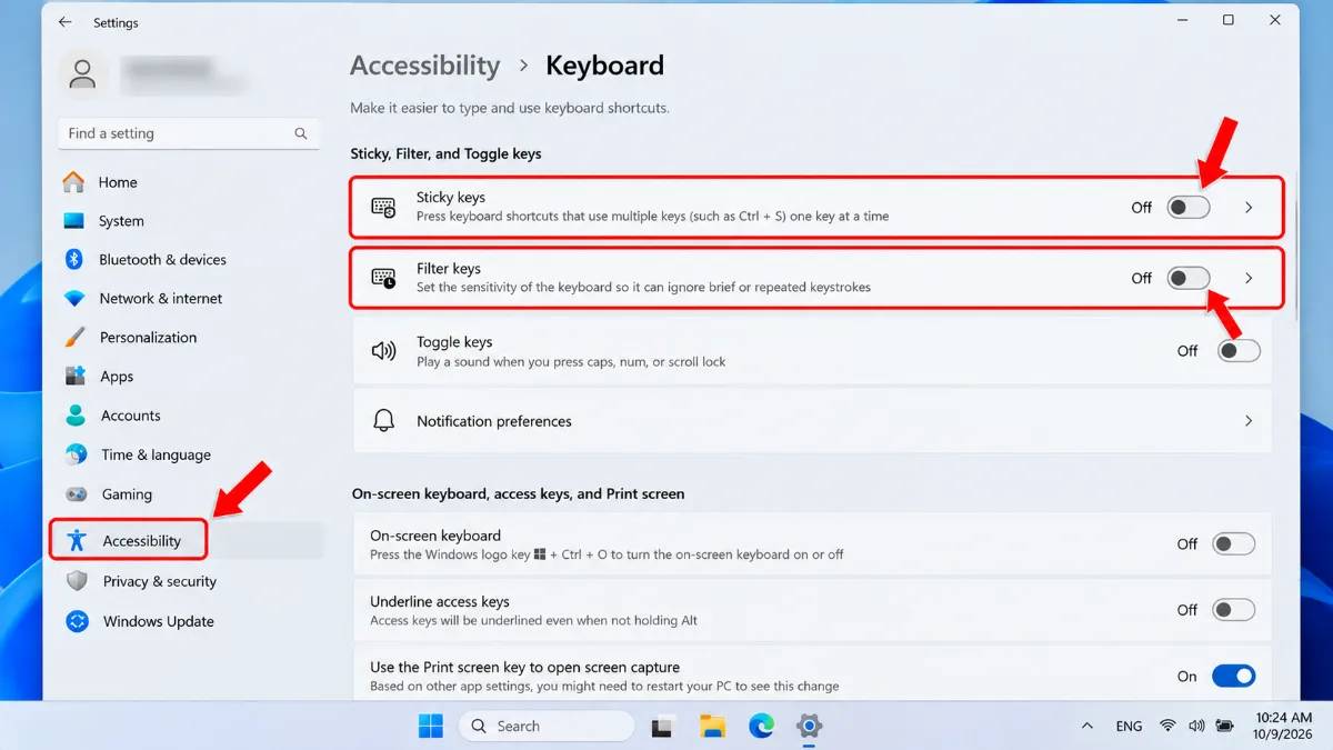 Bước 5: Tắt Sticky Keys và Filter Keys nếu bàn phím phản hồi bất thường – bàn phím laptop gõ ra số