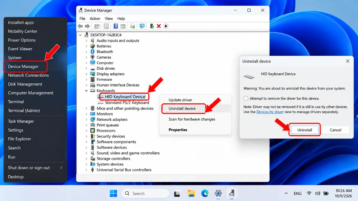 Bước 7: Gỡ và cài lại driver bàn phím trong Device Manager – bàn phím laptop gõ ra số