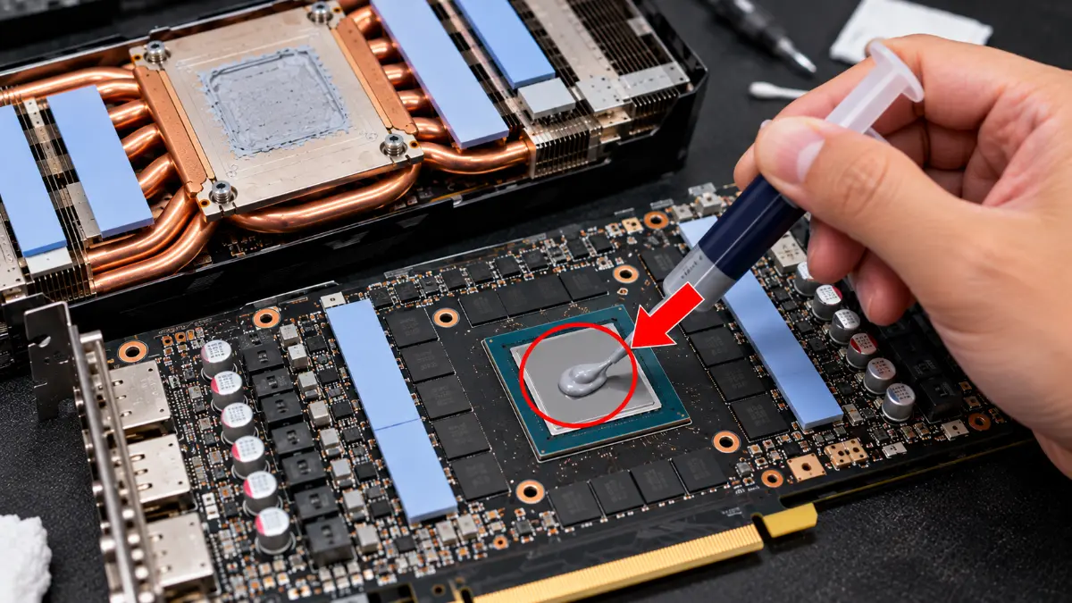Bước 8: Tra keo tản nhiệt mới lên GPU – thay keo tản nhiệt VGA