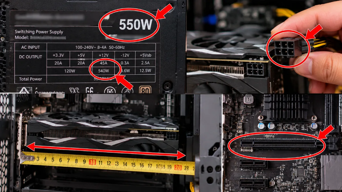 Kiểm tra bộ nguồn PC, đầu cấp nguồn PCIe, chiều dài card màn hình và khe PCIe x16 trên bo mạch chủ trước khi lắp GTX 1650 cũ.