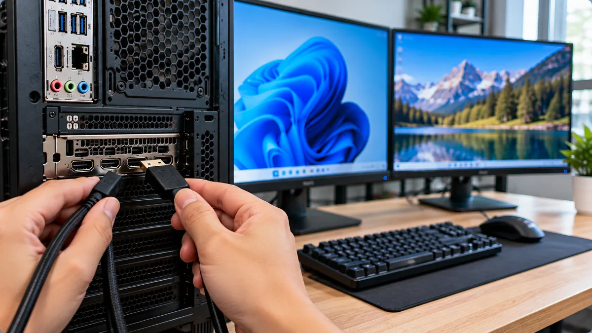Bàn tay kết nối hai cáp xuất hình vào card đồ họa PC để sử dụng hai màn hình cùng lúc