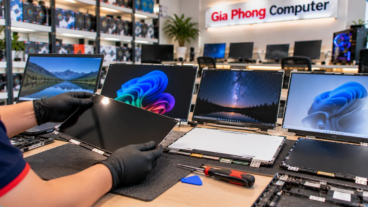 Kỹ thuật viên kiểm tra các loại panel màn hình laptop LCD trên bàn kỹ thuật tại Gia Phong Computer