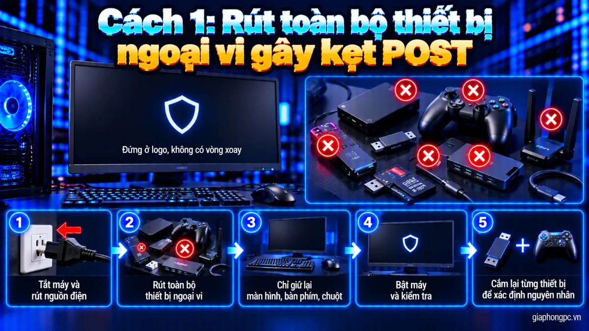 Cách 1 rút thiết bị ngoại vi gây kẹt POST