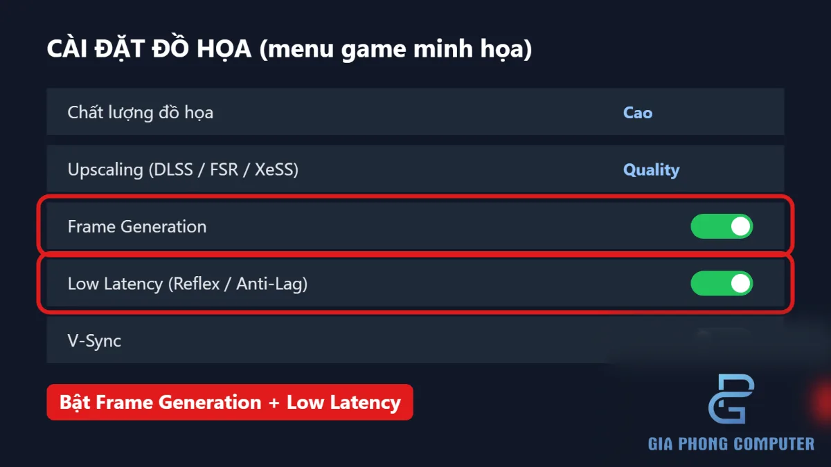 Minh họa menu cài đặt đồ họa có tùy chọn Frame Generation và giảm độ trễ