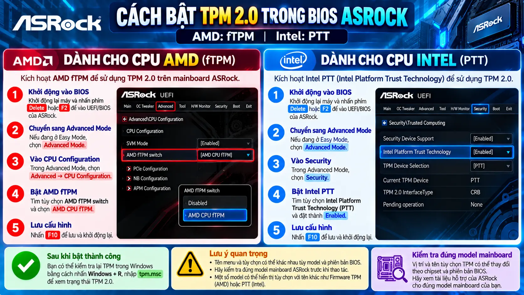 Cách bật TPM 2.0 trong BIOS ASRock cho Intel và AMD