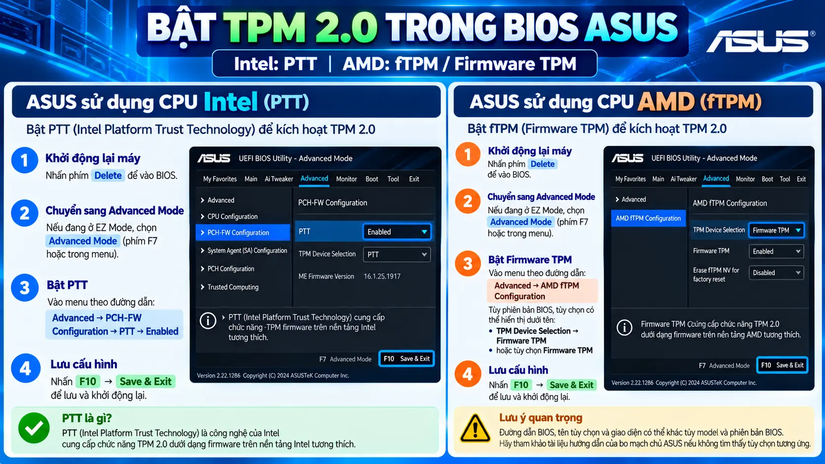 Cách bật TPM 2.0 trong BIOS ASUS cho Intel và AMD