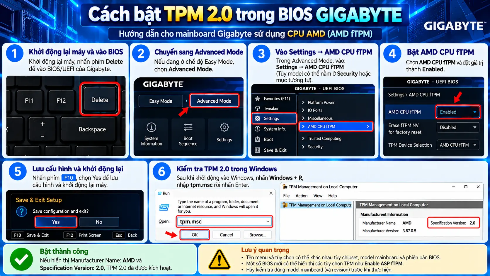 Cách bật TPM 2.0 trong BIOS Gigabyte cho CPU AMD