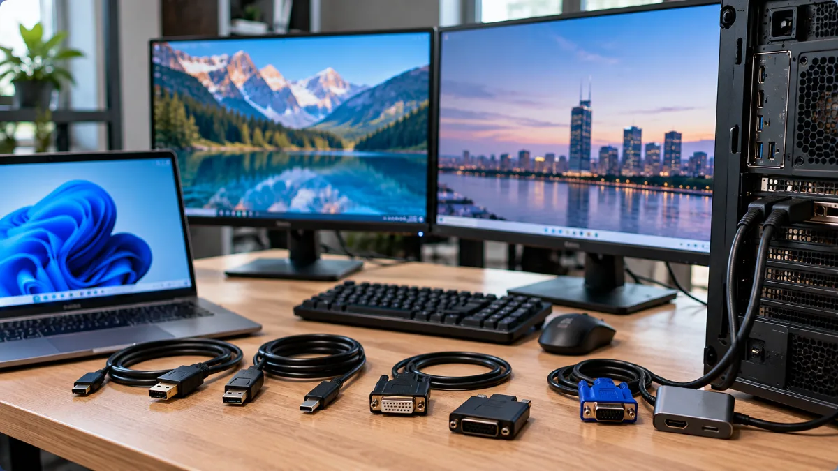 Bàn làm việc với hai màn hình máy tính, laptop, PC và các loại cáp kết nối HDMI DisplayPort USB-C
