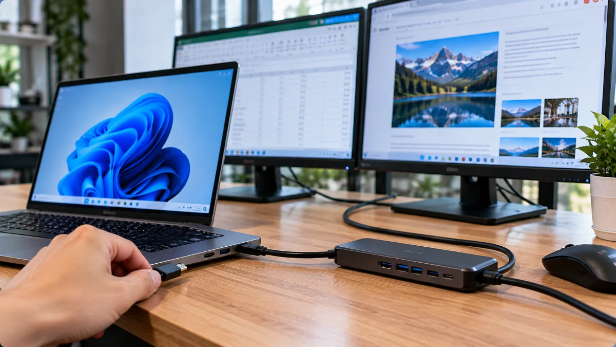 Kết nối laptop với hai màn hình ngoài bằng cáp USB-C và dock mở rộng trên bàn làm việc