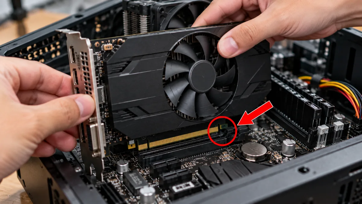 Bàn tay đang lắp card màn hình một quạt màu đen vào khe PCIe trên mainboard, vòng tròn đỏ và mũi tên đỏ đánh dấu vị trí chân tiếp xúc và khe cắm