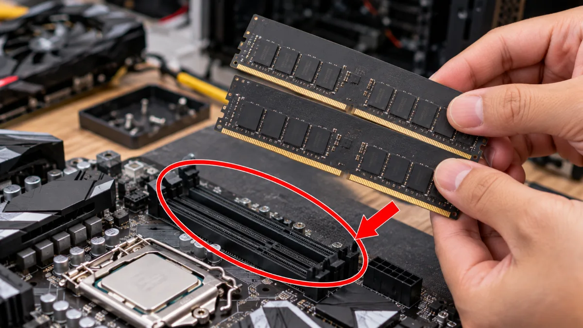 Bàn tay cầm hai thanh RAM DDR4 desktop chuẩn bị lắp vào khe RAM trên mainboard, làm nổi bật vị trí thanh RAM và khe cắm bằng vòng tròn đỏ và mũi tên đỏ.